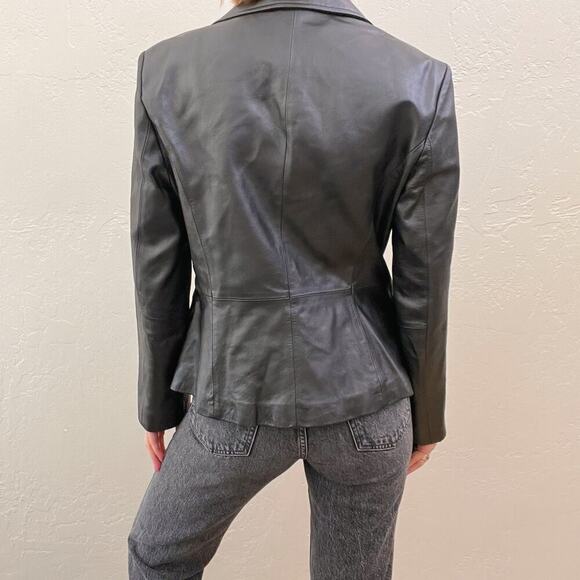 Vintage 1990's Black Leather Fitted Blazer Button Up Jacket - Picture 4 of 10